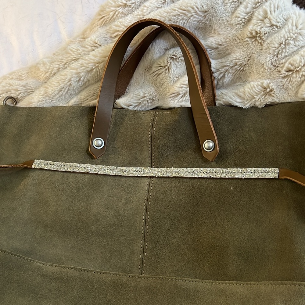 Green and Brown Leather Satchel with Metallic Accents